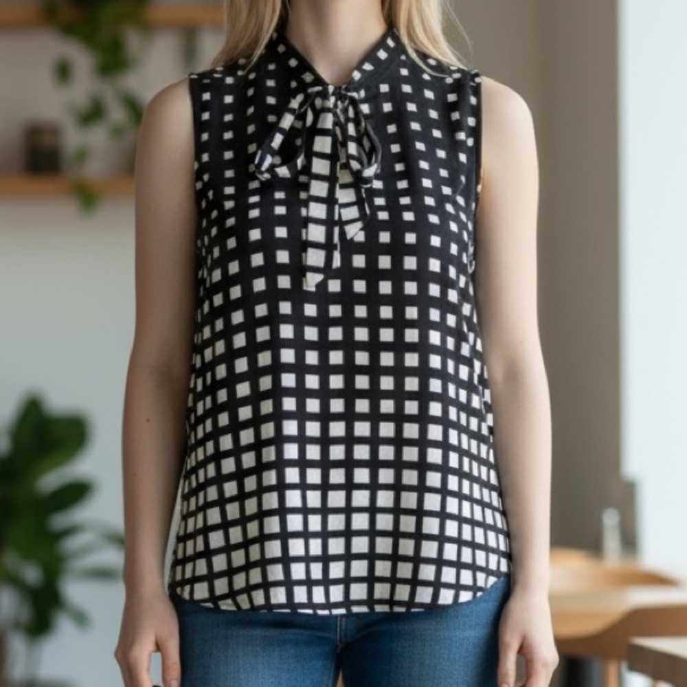XOXO Shirt Womens Medium Black White Geometric Secretary Bow